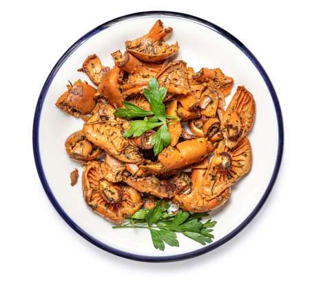 Fried Chanterelle Mushrooms isolated on a white background. Top view, flat lay. Autumn Food concept.の写真素材