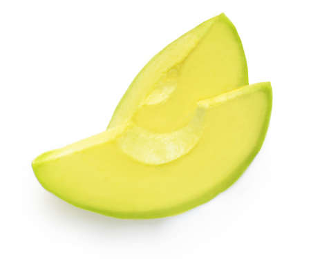 Sliced avocado isolated on white background. Top view cutted avocado pieces