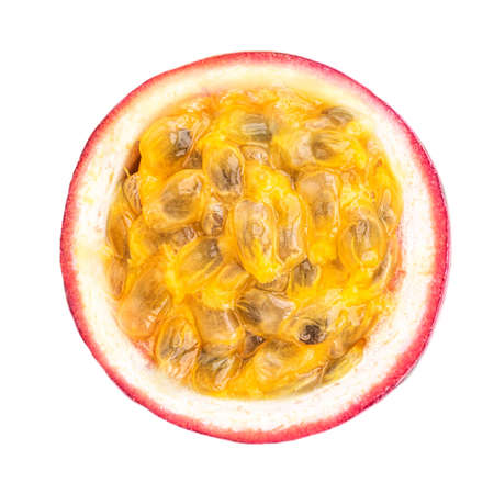 Passion fruit isolated on white background. Half of passionfruit or maracuya top view, flat layの写真素材