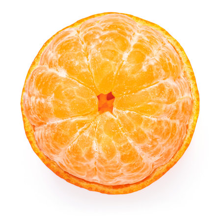 Peeled Mandarines oranges fruits or tangerines isolated on white backgroundの写真素材