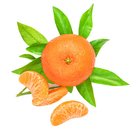 Mandarine or clementine oranges fruits with green leaves isolated on white background. Top view. Flat layの写真素材