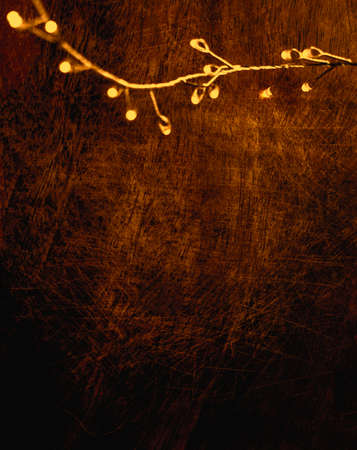 Christmas Background with garland of golden lights on a dark wooden background. Sparkling lights top view. Copy spaceの写真素材