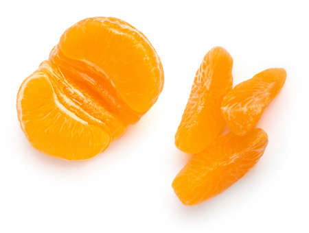 Tangerine with leaves isolated on a white background. Sweet Mandarines oranges fruits or tangerines piecesの写真素材