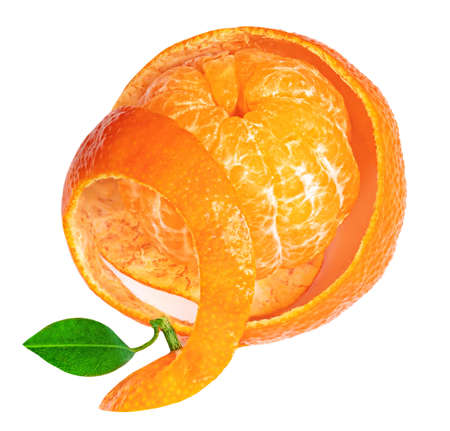 Tangerine or clementine oranges fruits peel twist isolated on white background. Fresh mandarins curl Top view. Flat layの写真素材