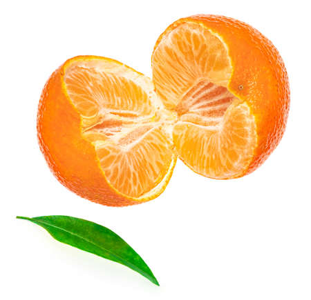 Peeled Mandarines oranges fruits or tangerines isolated on white backgroundの写真素材