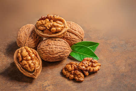Walnut. Fresh Walnut kernel Nut on wooden background with copyspace. Top view.の写真素材