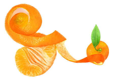 Tangerine or clementine oranges fruits peel twist isolated on white background. Fresh mandarins curl Top view. Flat layの写真素材