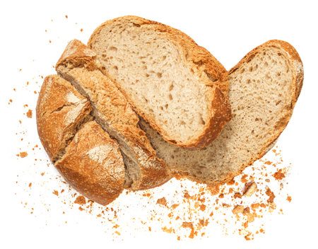 Freshly baked Bread with crumbs isolated on white background. Sliced, cutted wheat bread. Bakery, rustic traditional food concept. Top viewの写真素材