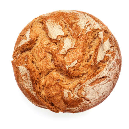 Freshly baked round Bread isolated on white background. Bakery, traditional food concept. Top viewの写真素材