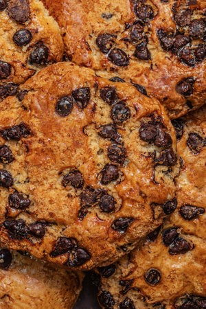Chocolate cookie as a textured background. Wallpaper. Brown Chocolate chip cookies top viewの写真素材