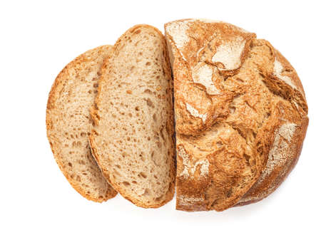 Freshly baked Bread with crumbs isolated on white background. Sliced, cutted wheat bread.の写真素材