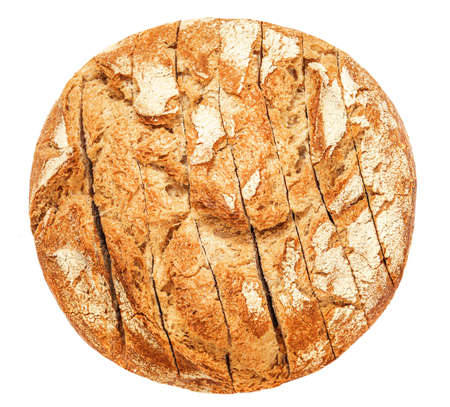 Freshly baked Bread with crumbs isolated on white background. Sliced, cutted wheat bread.