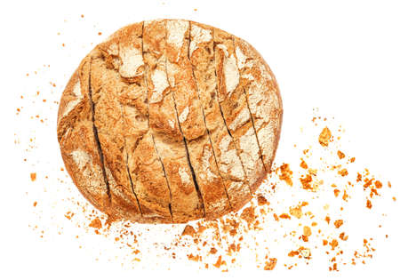 Freshly baked Bread with crumbs isolated on white background. Sliced, cutted wheat bread.の写真素材
