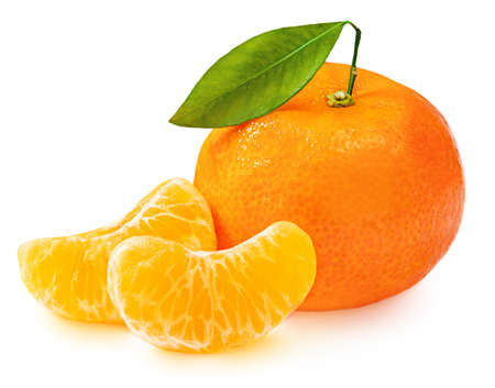 Mandarine orange fruits or tangerines isolated on white background. Fresh mandarine with green leavesの写真素材