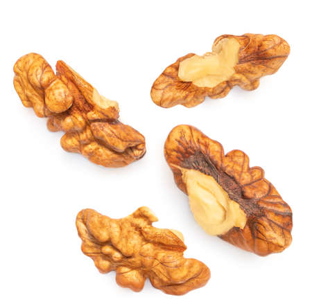 Walnut Isolated. Walnut kernel Nut on white background. Top view. Flat layの写真素材