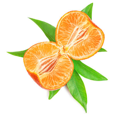 Half of Mandarine orange fruits or tangerines isolated on white background. Fresh mandarine with green leaves, top viewの写真素材