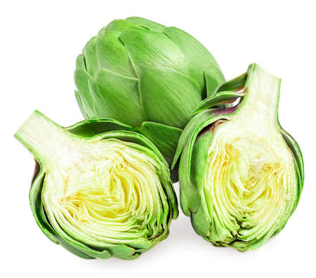 Fresh Artichoke isolated on white background. Group of Artichok Top view. flat lay.の写真素材