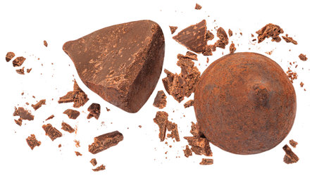Chocolate truffles candies covered with cocoa isolated on white background. Truffle whole and bitten pieces top viewの写真素材