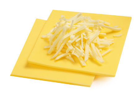 Slices of cheese for sandwiches isolated on white background, top view. cutted cheese closeupの写真素材