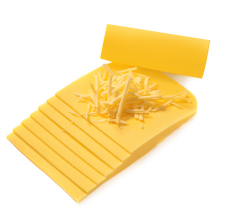 Sliced Cheese isolated on white background, top view. cutted cheese closeupの写真素材