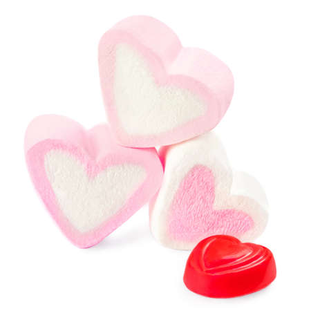Sweet heart shape Marshmallow isolated on white background with red chocolate candy. valentines day conceptの写真素材