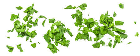 Chopped Fresh Parsley leaves isolated on white background. Pattern of sliced up green Parsley herb. Flat lay, top viewの写真素材