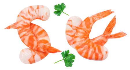 Peeled Shrimps isolated on white background. Sea food concept. Red cooked prawnns with a parsley herb Top viewの写真素材