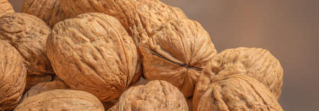 Ripe Walnuts on a wooden table. Walnut fresh nuts Background top viewの写真素材