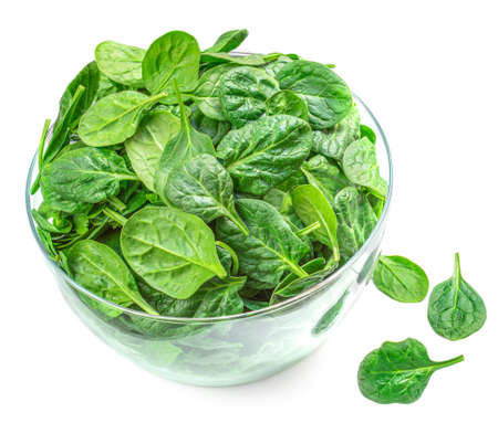 Bowl of Spinach leaves isolated on white background. Fresh Spinach Closeup. View from aboveの写真素材