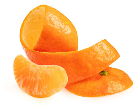 Peeled Mandarines oranges fruits or tangerines isolated on white backgroundの写真素材