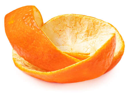 Orange fruit twist isolated on a white background. Orange peel closeup, Vitamin C, healthy food concept.の写真素材