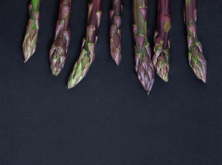 Asparagus. Fresh purple asparagus on black slate background. Top view copy space.の写真素材