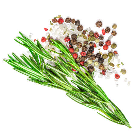 Fresh Rosmary herb isolated on the white background. flat lay. Top view rosemary bound with spices and sea saltの写真素材
