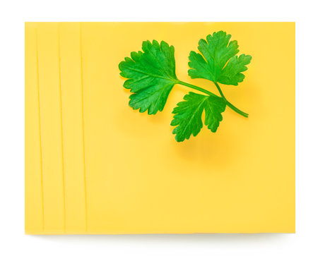 Cheese isolated on white background. Slices of cheese stacked. Top view, flat layの写真素材
