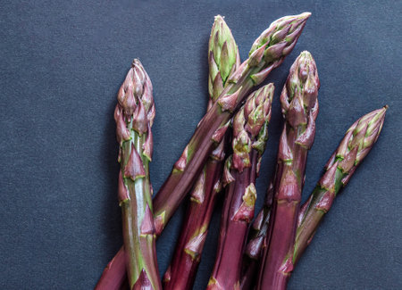 Asparagus on dark ructic black slate background. Top view Fresh purple asparagus vegetable with copyspaceの写真素材