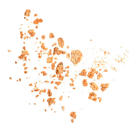 Bread crumbs isolated on white background. top view. flat lay. Bread creative layoutの写真素材