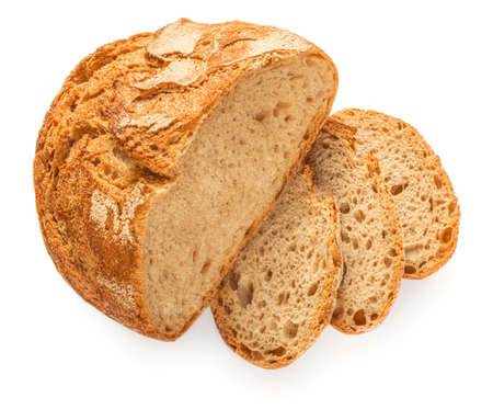 Bread loaf with slices viewed from above isolated on white background. top viewの写真素材