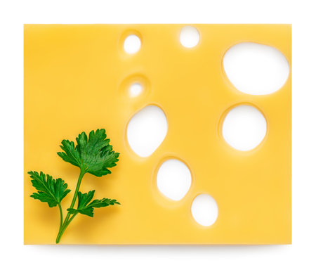 Swiss cheese brick isolated on white background. Comte cheese close up. High resolution imageの写真素材