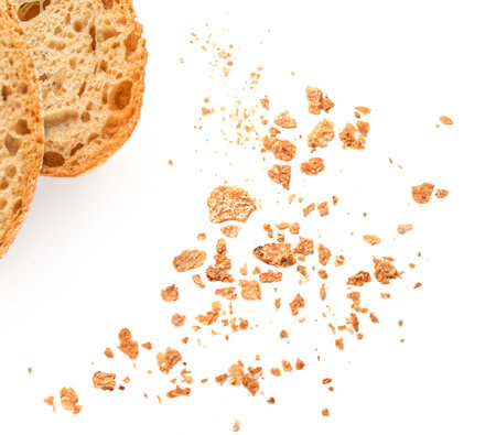 Bread crumbs isolated on white background. top view. flat lay. Bread creative layoutの写真素材