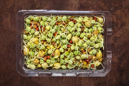 Bean Sprouts on a wooden background. Asian Raw organic sprouts or soy beans Top view.の写真素材
