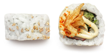 Sushi with crispy onion isolated on white background. top view. flat lay. Japanese restaurant menu.の写真素材