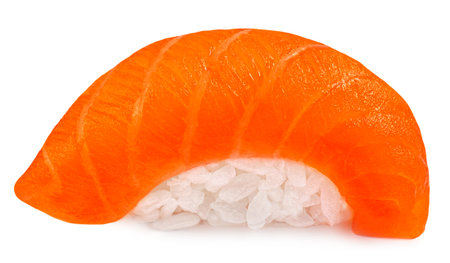 Sushi with rice and salmon isolated on white background. top view. flat lay. Japanese restaurant menu.の写真素材