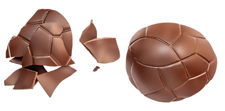 Crushed Chocolate pieces isolated on white background, close up. Flying Milk chocoate crumbs, top view.の写真素材