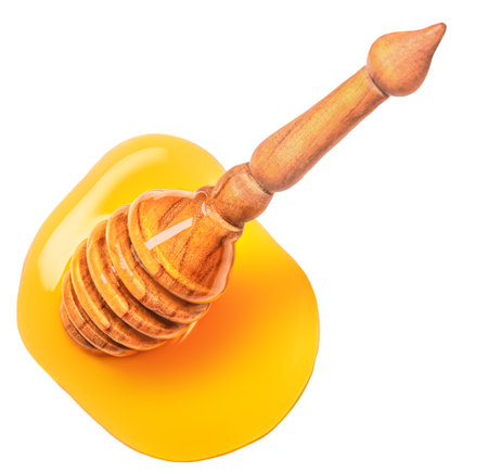 Honey dipper isolated on white background. Sweet honey dripping Top view. flat lay.の写真素材