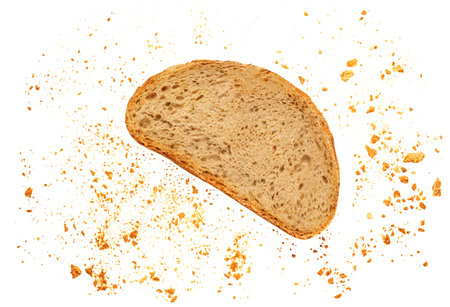 Bread toast isolated on white background. Crumbs and Bread slice close up. Bakery food concept. top...
