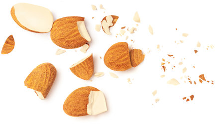 Almond with crumbs isolated on the white background. Almond s nuts pieces top view. flat lay.の写真素材