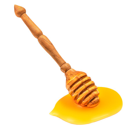 Honey dipper isolated on white background. Sweet honey flowing Top view. flat lay.の写真素材
