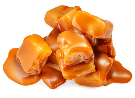 Caramel candies and flowing caramel sauce isolated on a white background. Pieces of toffee candies close upの写真素材