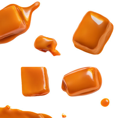 Creative layout made of Toffee candy with splash of caramel candies isolated on white background, collection. top view. flat layの写真素材