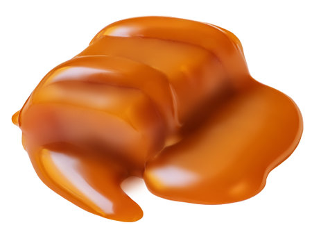 Melting caramel candy with sauce flowing isolated on white background. top view. flat layの写真素材